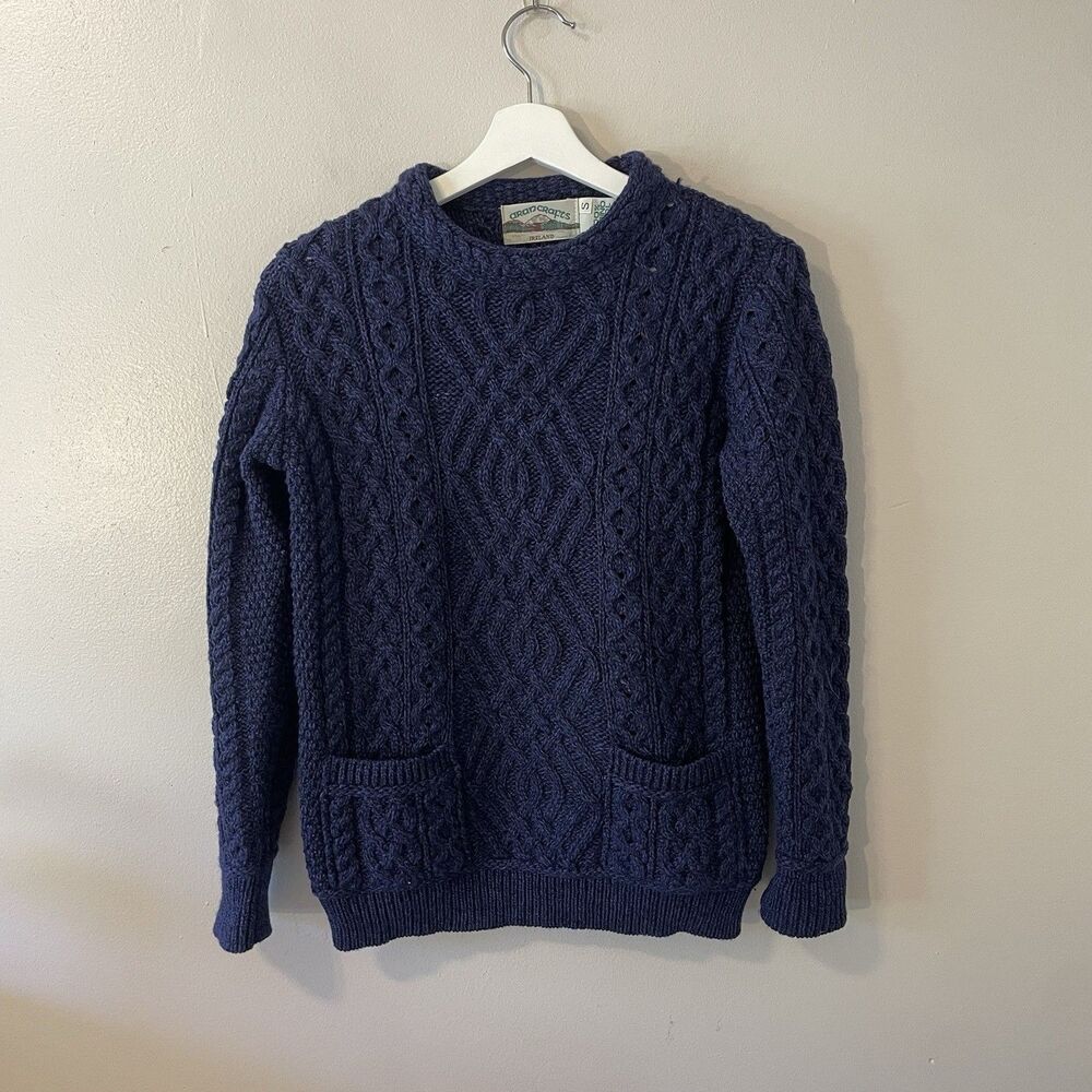 Aran Crafts Fisherman Knit Women’s Sweater Irish Merino Wool Blue Sz S